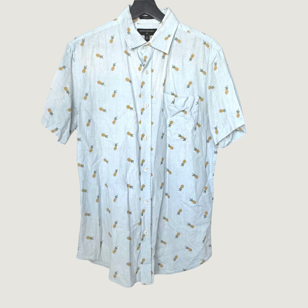 Banana Republic Mens Slim Fit Linen Cotton Pineapple Print Shirt Light Blue M